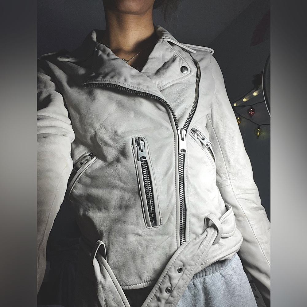 AllSaints Leather Biker Moto Zip Up Jacket Nude Tan Khaki, og from TRR #designer